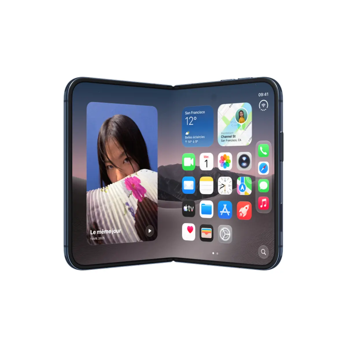 Apple iPhone Duo, coloris Ciel nocturne, ouvert, écran intérieur