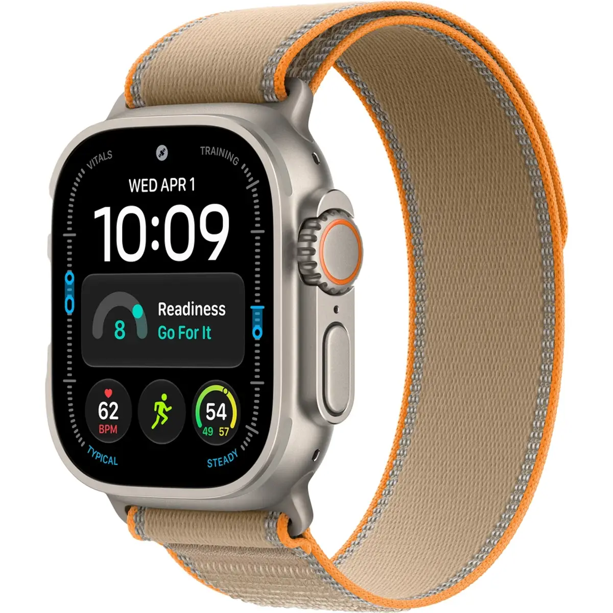 Apple Watch Ultra 4 Cellular 49mm Naturel boucle Trail S/M, vue de face