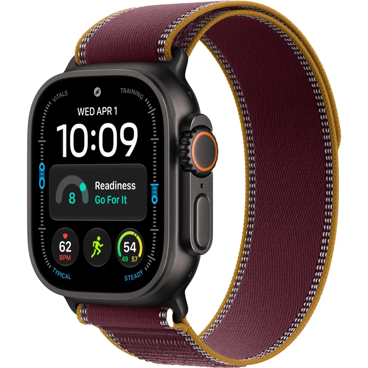 Apple Watch Ultra 4 Cellular 49mm Noir boucle Trail S/M, coloris Noir, vue de face