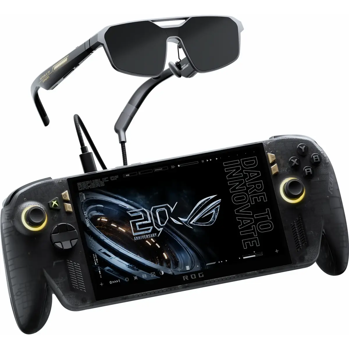 ASUS ROG Xbox Ally X20 (2026) + lunettes ROG XREAL R1 Edition 20, coloris Noir, vue de trois-quarts