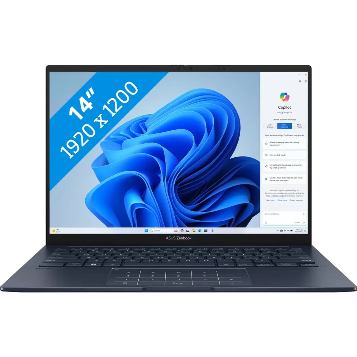 ASUS Zenbook 14 OLED UX3405CA-QD012W, coloris Bleu, vue de face