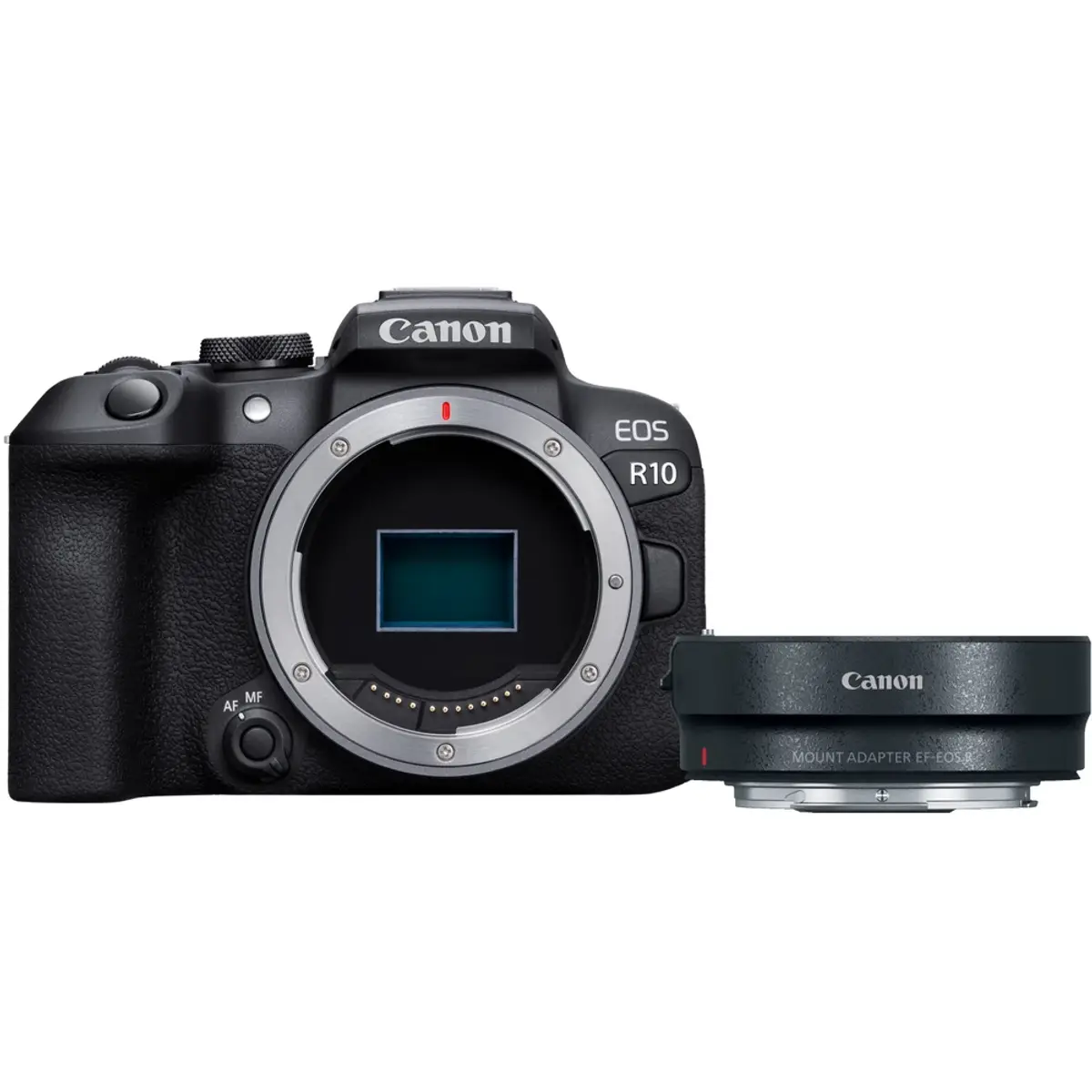 Canon EOS R10 + EF- EOS R Adaptateur, coloris Noir, vue de face