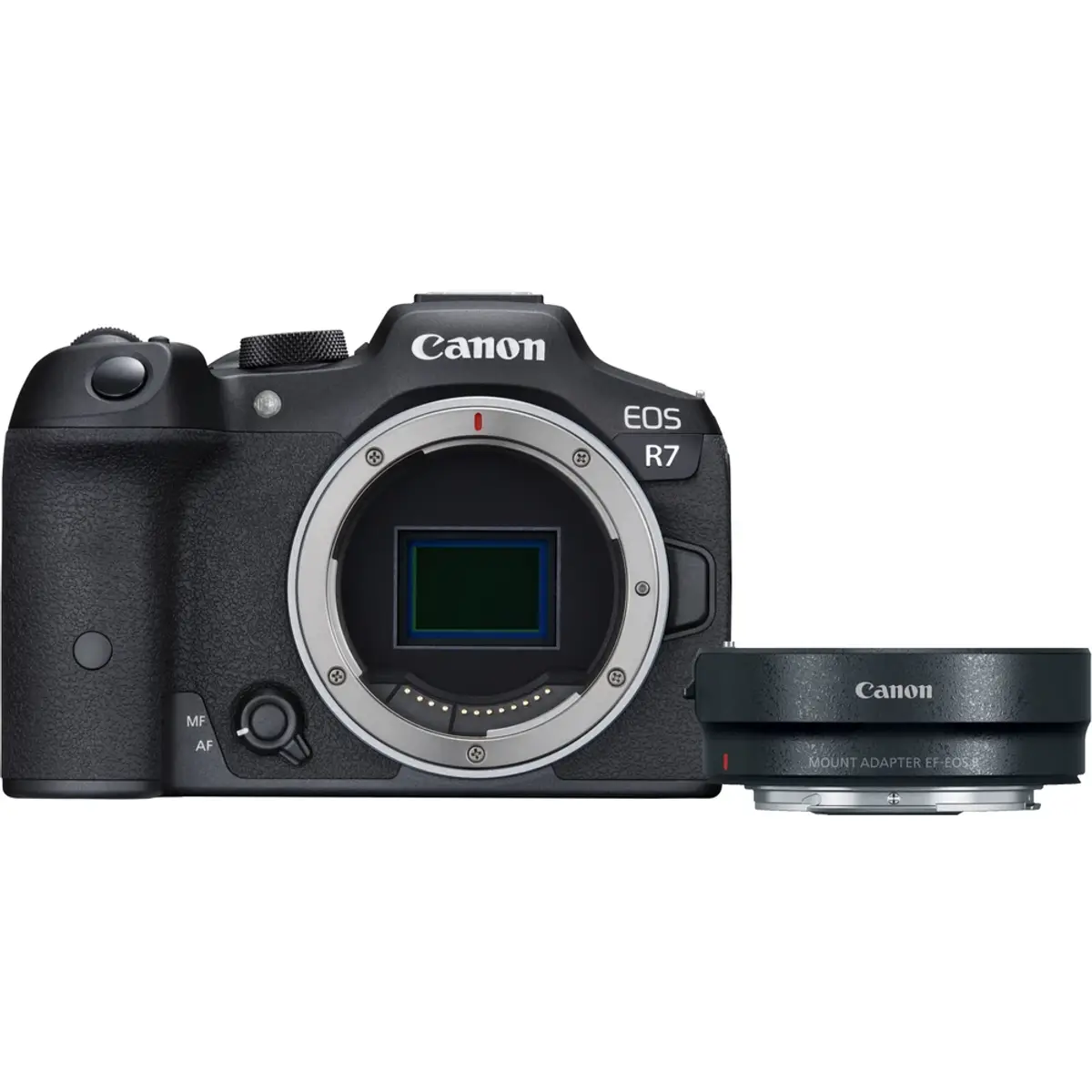 Canon EOS R7 + Adaptateur EF-EOS R, coloris Noir, vue de face