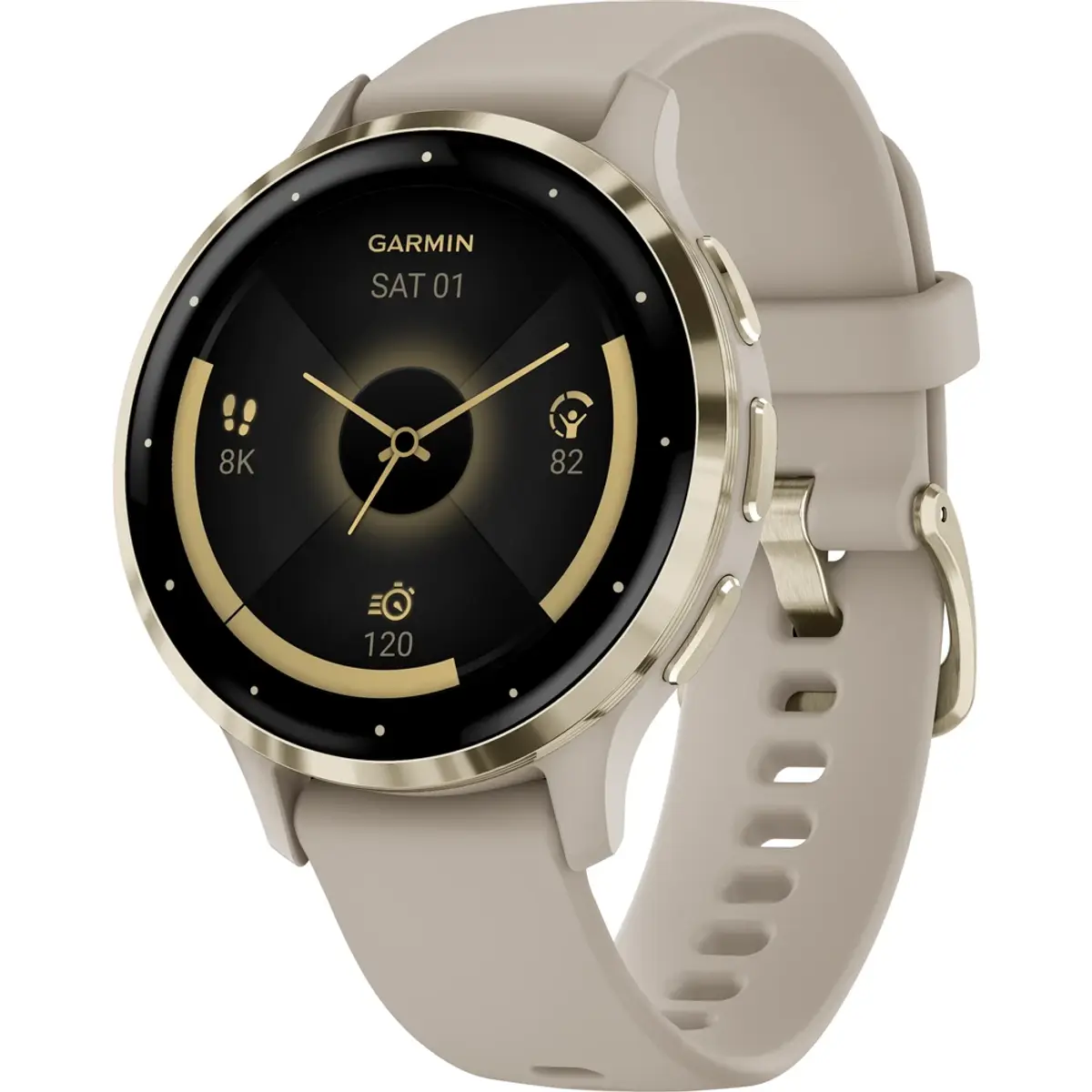Garmin Venu 3S, coloris Or / Beige, vue de face