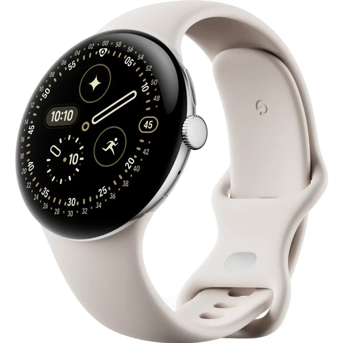 Google Pixel Watch 4 Argent/Crème 45 mm, coloris Argent / Crème, vue de face