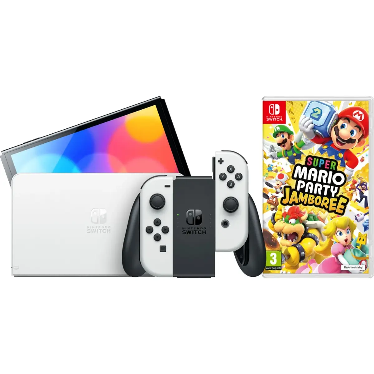 Nintendo Switch OLED Blanc + Mario Party Jamboree, coloris Blanc, vue de face
