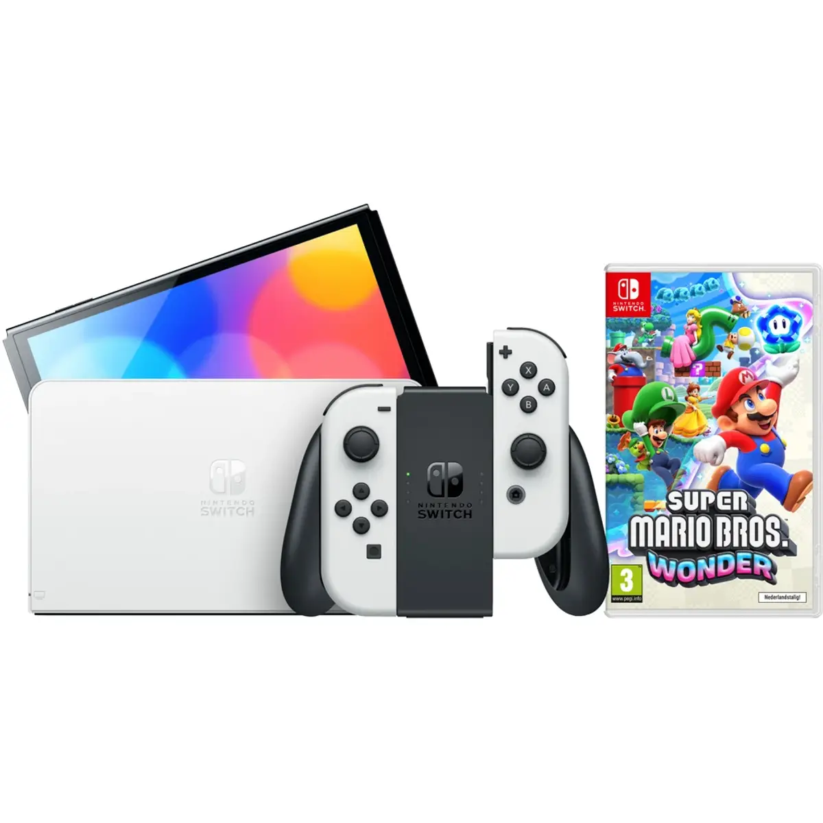 Nintendo Switch OLED Blanc + Super Mario Bros. Wonder, coloris Blanc, vue de face