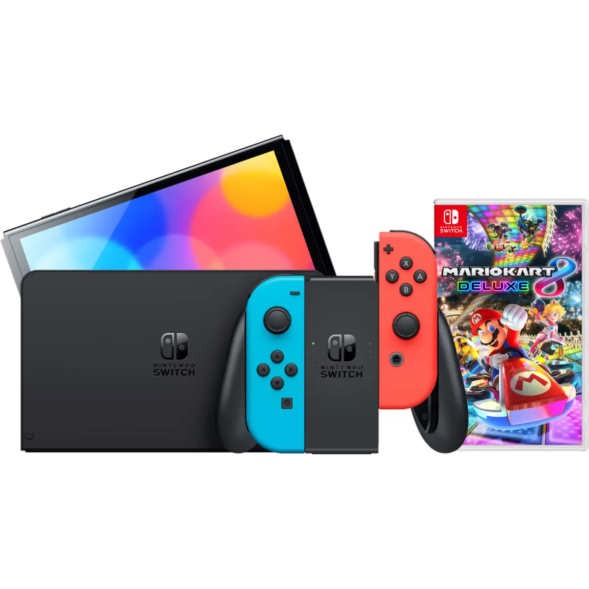 Nintendo Switch OLED + Mario Kart 8 Deluxe, coloris Bleu Rouge, vue de face