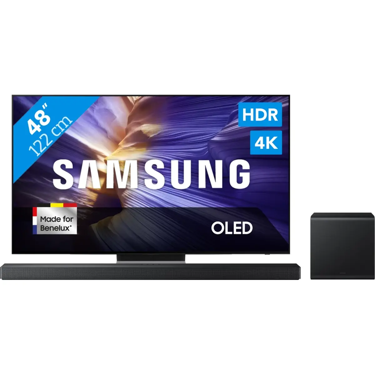 Samsung 48" OLED S90F 4K (2025) + Samsung HW-QS700F (2025), coloris Noir, vue de face