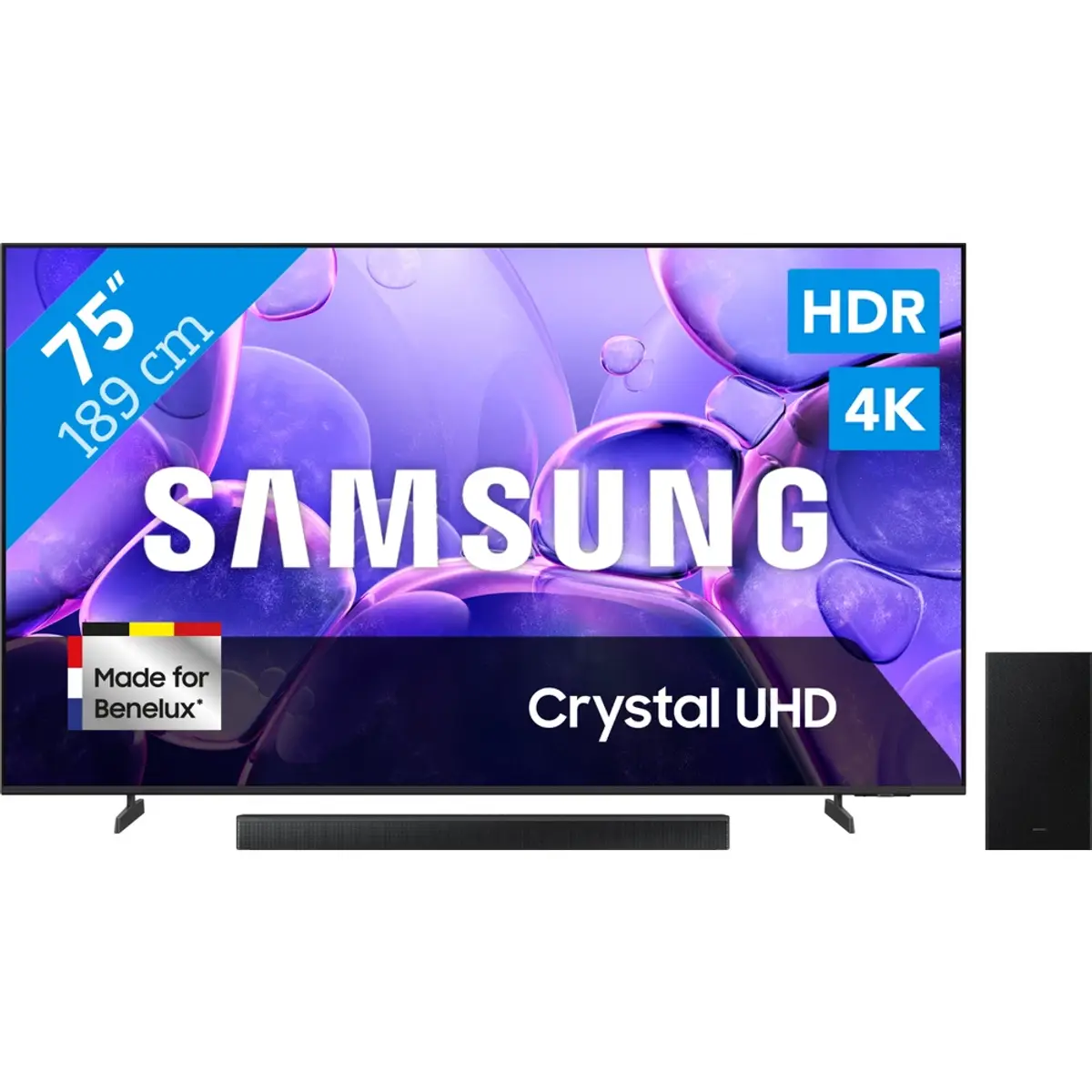 Samsung 75" Crystal UHD U8070F 4K (2025) + Samsung HW-B66CF (2025), coloris Noir, vue de face