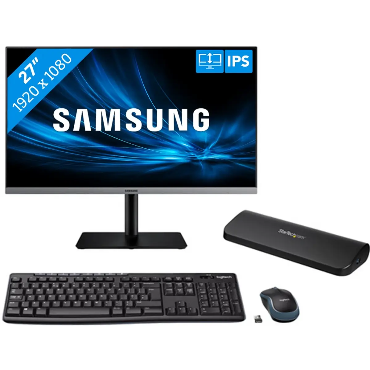 Samsung LS27R650 StarTech usb-A dock + Logitech wireless clavier et souris QWERTY, coloris Noir, vue de face