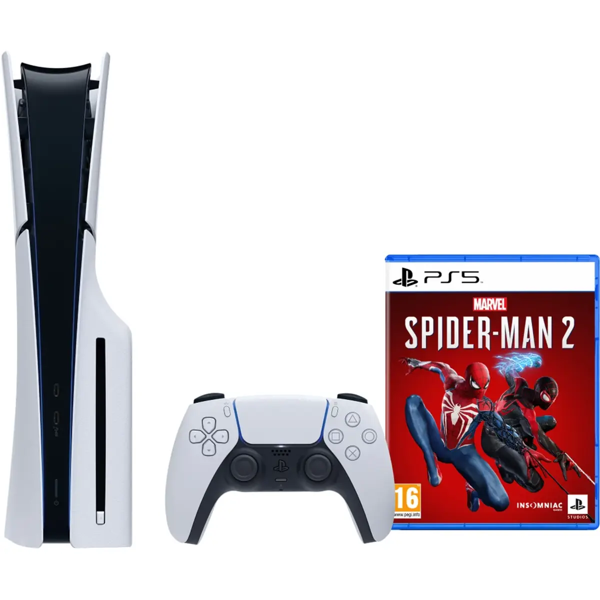 Sony PlayStation 5 Slim Disc Edition + Marvel's Spider-Man 2, coloris Blanc, vue de face